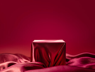 Jewellery red satin cloth background, silk square podium, poruct display, promotional stage, luxury...