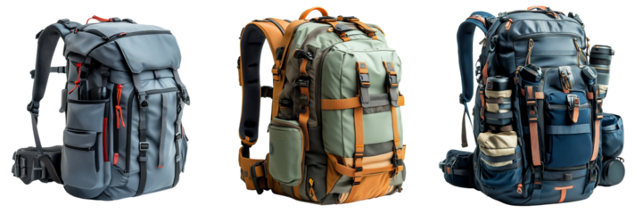 Versatile outdoor backpack with multiple compartments and accessories on a transparent background