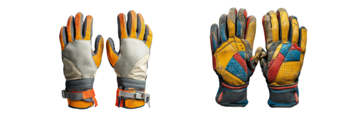 Worn vintage goalkeeper gloves with colorful patches  on a transparent background
