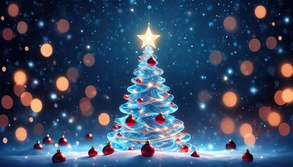 A luminous blue Christmas tree adorned with red ornaments sits in snowy landscape, surrounded by warm bokeh lights and falling snow. Festive holiday atmosphere.