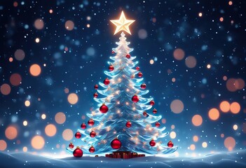 A luminous blue Christmas tree adorned with red ornaments sits in snowy landscape, surrounded by warm bokeh lights and falling snow. Festive holiday atmosphere.