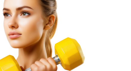 female lifting dumbell weights for health, isolated, transparent, png, background