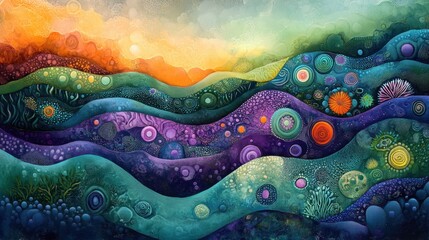 Vibrant waves of colors and shapes create an enchanting landscape of abstract beauty at dusk