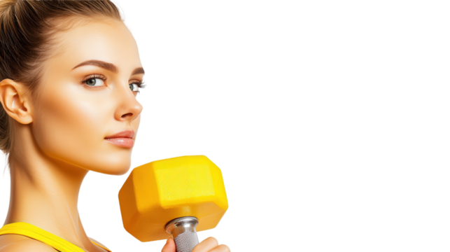 female lifting dumbell weights for health, isolated, transparent, png, background