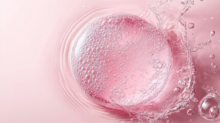 Fototapeta premium Bubbles rise and create splashes in a soft pink liquid with airy textures