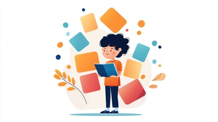 Fototapeta premium Young Boy Reading with Colorful Background Elements and Shapes