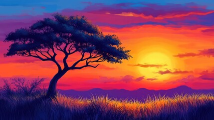 Obraz premium Colorful sunrise with dramatic tree silhouette against vibrant sky of oranges, pinks, and purples, framed by distant hills and grassy foreground, nature, landscape, scenery.