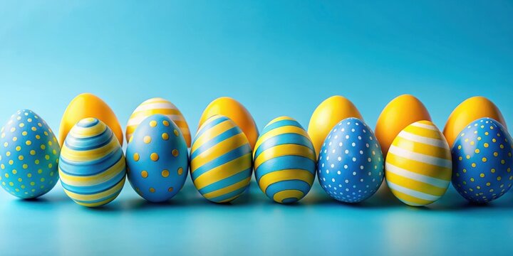 Bright blue and yellow Easter eggs in a playful and festive display, Easter, eggs, blue, yellow, holiday, spring