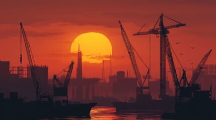 Fototapeta premium Silhouetted industrial cranes and buildings against a vibrant sunset over a calm waterway capturing the essence of urban construction.