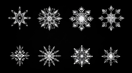 Eight Unique Intricate Snowflakes On Black Background