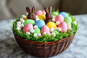 A wicker basket filled with Easter goodies 