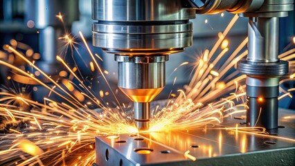 Precision metal machining process with sparks flying from CNC machine, manufacturing, technology, industry, metalwork