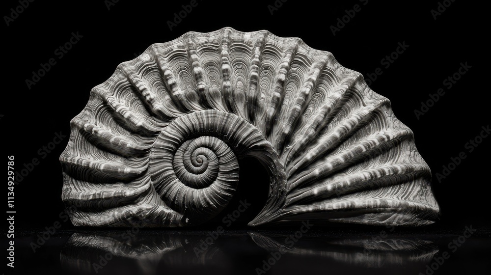 Poster artistic black and white seashell with spiraling patterns studio setting minimalist background close