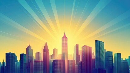 Fototapeta premium Panoramic view of modern skyscrapers in a smart city with vibrant sun rays illuminating the skyline during sunrise or sunset