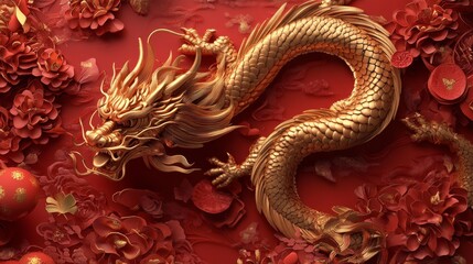 Obraz premium Realistic 3D Golden Dragon Chinese New Year Wallpaper - Celebrate the Year of the Dragon with this stunning 3D wallpaper. Features a golden dragon, red flowers, auspicious symbols, prosperity, and go