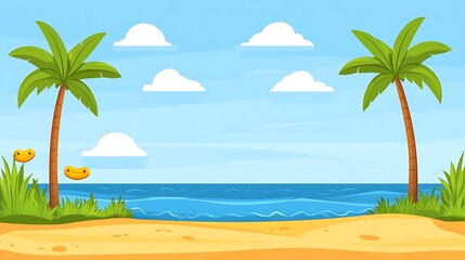 Fototapeta premium Tropical Beach Scene with Palm Trees and Inflatable Ducks