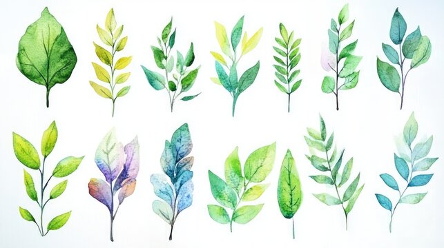 Watercolor leaves collection showcasing vibrant greens and blues for artistic inspiration and educational use in schools and creative projects