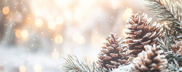 Christmas Decoration Banner - Snowy Pine Cones On Fir Branch With Lights