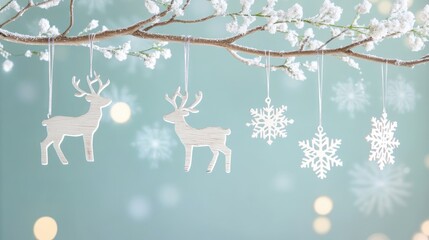Fototapeta premium Pastel Holiday Decorations Featuring Reindeer and Snowflakes on Branch with Sparkling Lights Ideal for Greeting Cards and Festive Backgrounds
