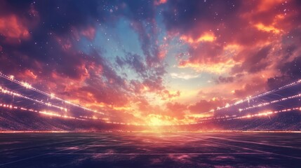 Fototapeta premium Vibrant sunset over a football stadium with dramatic clouds, illuminated field and stadium lights, emphasizing sports atmosphere, competition, abstract, energy.