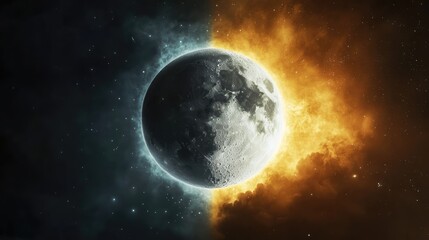 Obraz premium Contrast of Day and Night Depicted with Earth Moon and Sun Highlighting Elements of Light and Darkness in Nature and the Universe