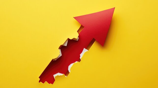 Red paper arrow representing stock market growth emerging from a yellow background with torn edges highlighting business progress concept
