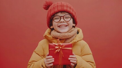 Fototapeta premium Happy boy in winter clothes holding a gift.
