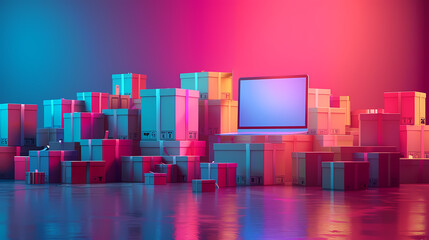 Cyber Monday Shopping Spree: A vibrant display of numerous gift boxes of various sizes and colors surrounds a laptop computer with a blank screen, all bathed in dramatic neon pink and blue lighting.