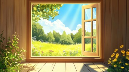 Fototapeta premium Sunny countryside view through an open window with vibrant flowers in a wooden room creating a peaceful summer atmosphere.