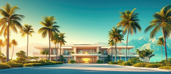 Fototapeta premium Luxury beachfront villa at sunset.