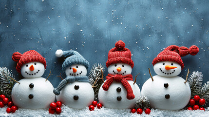 Cute Knitted Snowmen on Snowy Blue Background 