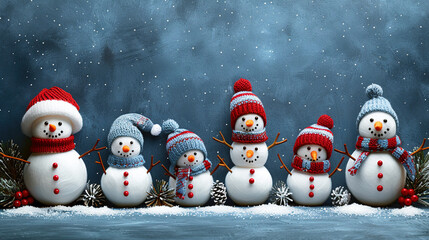 Cute Knitted Snowmen on Snowy Blue Background 