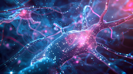 Synaptic Symphony: A mesmerizing abstract image depicting a vibrant and complex network of neurons,  illuminated with blue and pink hues, conveying the intricate beauty of the human brain.