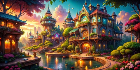 Obraz premium Enchanting Architectural Photography of a Pixel Art Magic Set in a Vibrant Fantasy Realm, Combining Modern Design with Whimsical Elements and Colorful Aesthetics for Visual Storytelling