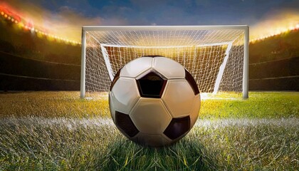 Ball On The Penalty Spot - Soccer Ball On The Goal - Dramatic Soccer Stadium Sunset.