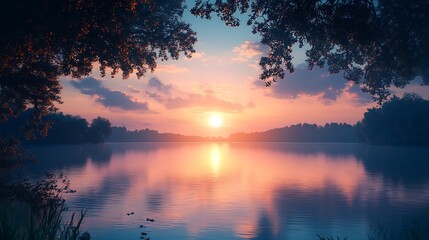 Obraz premium Serene sunset reflection over calm lake nature photography tranquility