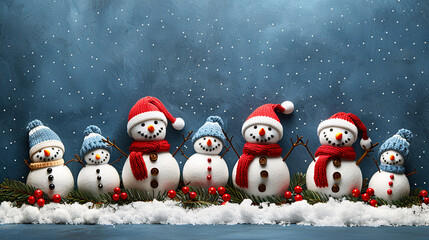 Cute Knitted Snowmen on Snowy Blue Background 
