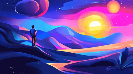 Abstract landscape with a silhouette of a person gazing at a vivid sunset and celestial bodies representing exploration and imagination.