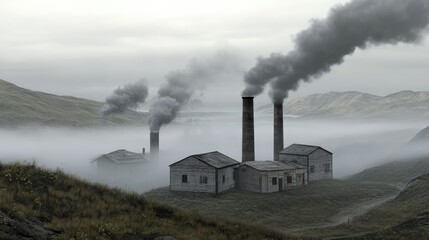 Industrial landscape with smokestacks emitting fumes in a foggy setting highlighting pollution and the decline of manufacturing.