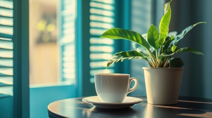 Serene Morning Coffee by the Window with Lush Greenery