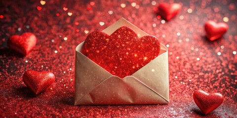 A sparkling red heart nestled inside a golden envelope on a backdrop of glittering red hearts.