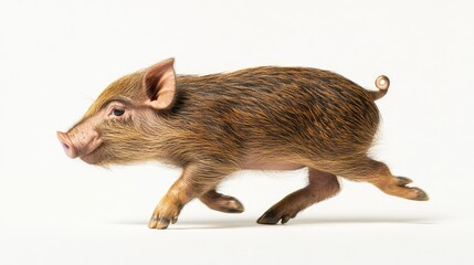 Young pig running in profile isolated on white background showcasing its playful and lively nature in an artistic representation.