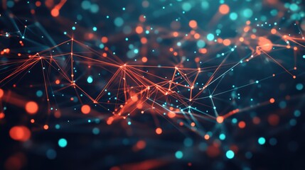 Abstract data network visualization with glowing nodes and connected lines representing finance analytics and corporate strategy metrics.