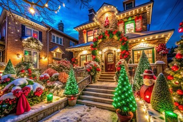 Fototapeta premium Enchanting Christmas Decorations in Dyker Heights: A Winter Wonderland of Festive Homes in Brooklyn, New York City, Showcasing the Spirit of the Holiday Season