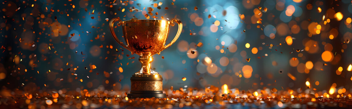 Golden Trophy in Mystic Forest: A gleaming golden trophy sits amidst a magical, bokeh-filled forest, sparkling with an ethereal glow. The scene evokes a sense of wonder and achievement. 