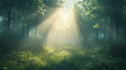 Calm forest scene dramatic sunlight filtering through the trees