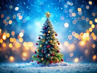 Enchanting Christmas Tree Shaped Structure on a Calming Blue Background with Bokeh Effect for Festive Visuals and Holiday Cheer