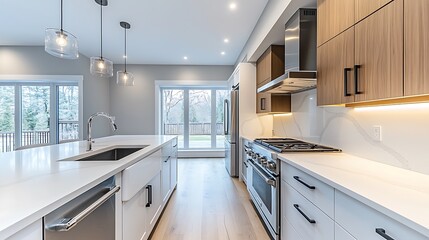 Wide-angle contemporary kitchen design in bright residential space