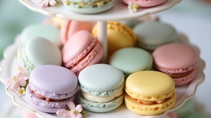 Obraz premium Delicate Pastel Macarons on a Decorative Stand, Generative AI