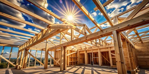 Obraz premium A wooden frame house under construction with a bright sun shining through the open roof beams casting long shadows on the floor